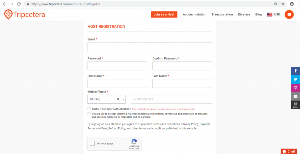 Tripcetera Host Registration
